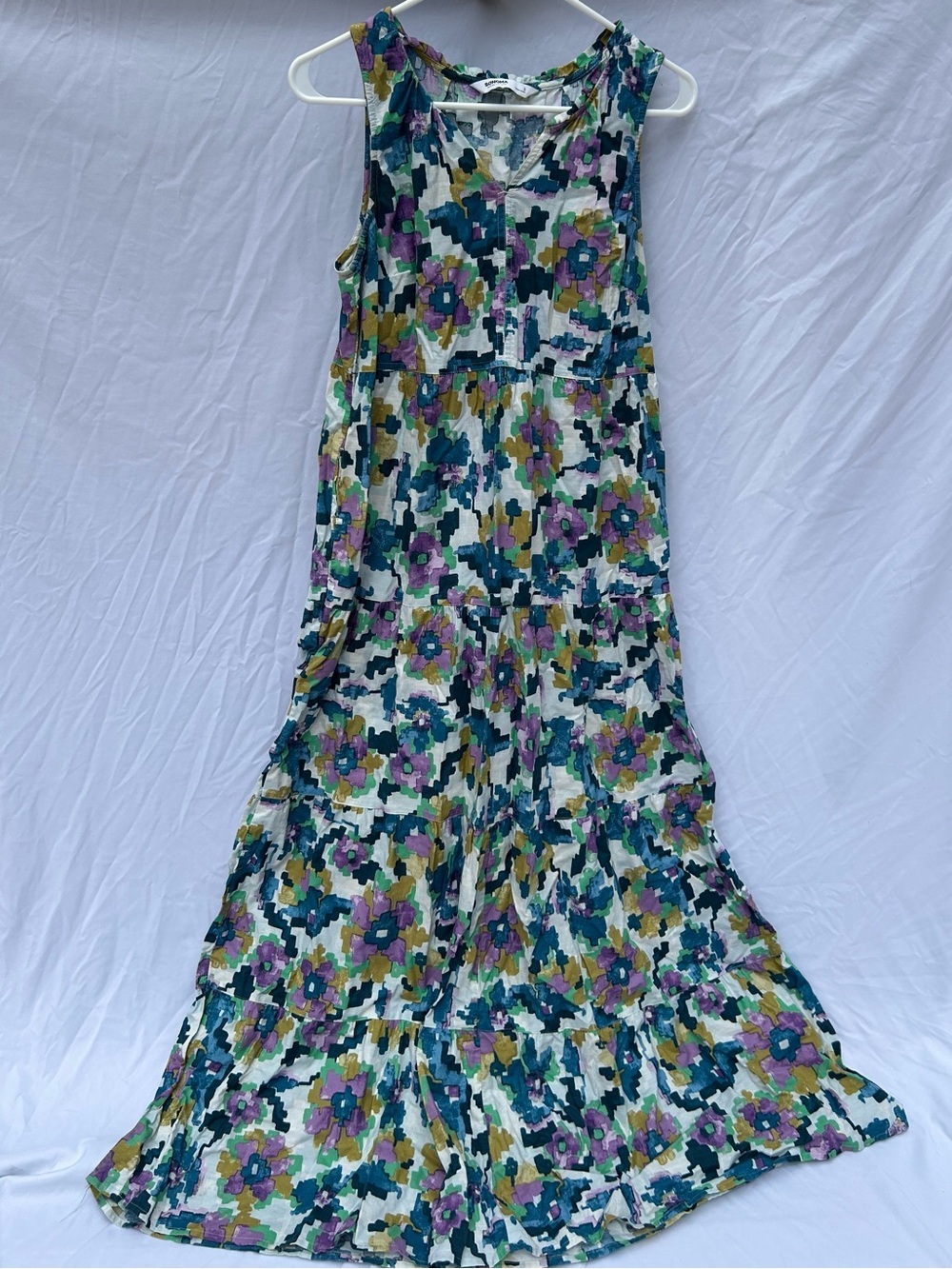 Floral Tiered ruffle Maxi Dress in Teal, Purple & Mustard Cottagecore - Picture 1 of 7